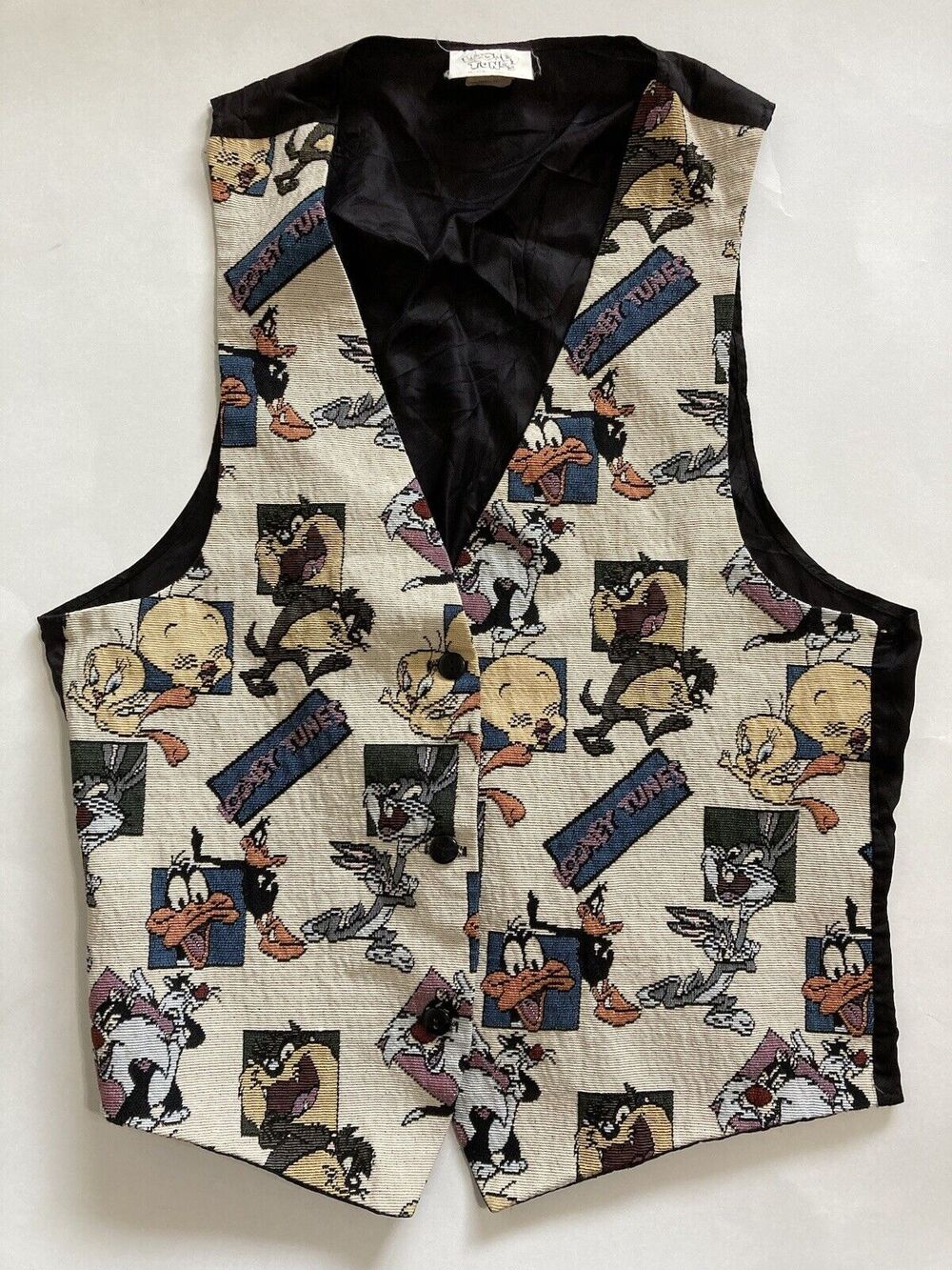 Vintage Looney Tunes Tapestry Vest 1996 Cartoon Tweety Bird Daffy Duck Retro